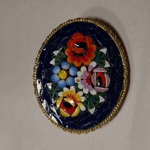 Micro Mosaic Floral Inlaid Signed Brooch
